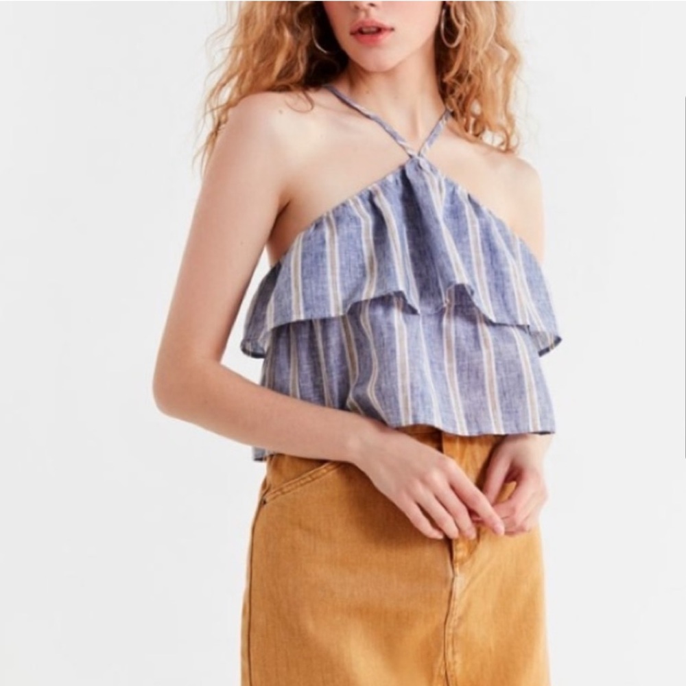 Urban Outfitters Blue Striped Ruffle Crop Top